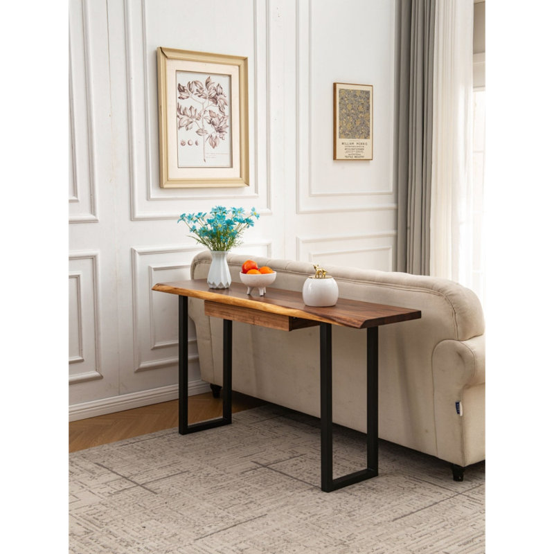  Console Table with U Shaped Legs and South American Walnut, Live Edge Desk with Drawer Storage, 29.5'' H x 58'' W x 14'' D