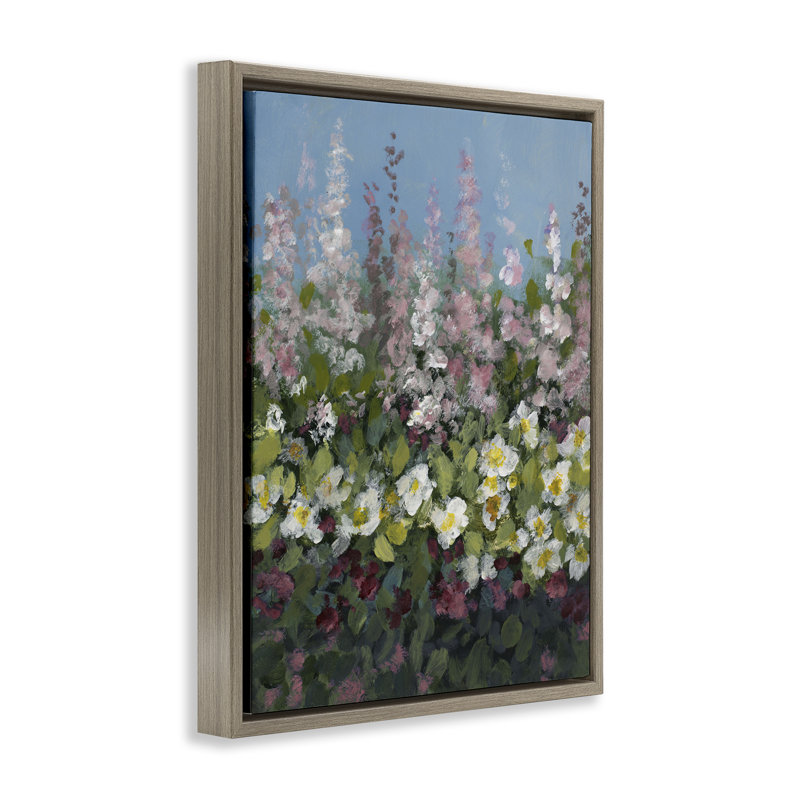 «Garden Glory», fleurs mauves, toile encadrée flottante grise par Lanie Loreth, Cadre flottant orme Montalcino