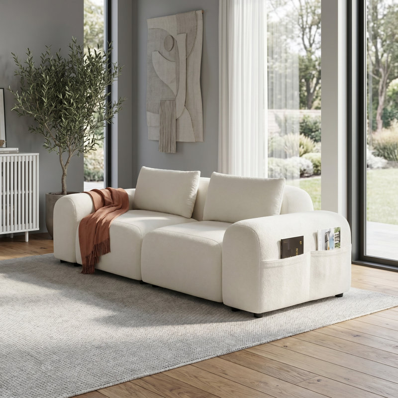 Canapé modulaire crème blanc nuage, causeuse 2 places en tissu doux avec rangement latéral et coussins pour le salon