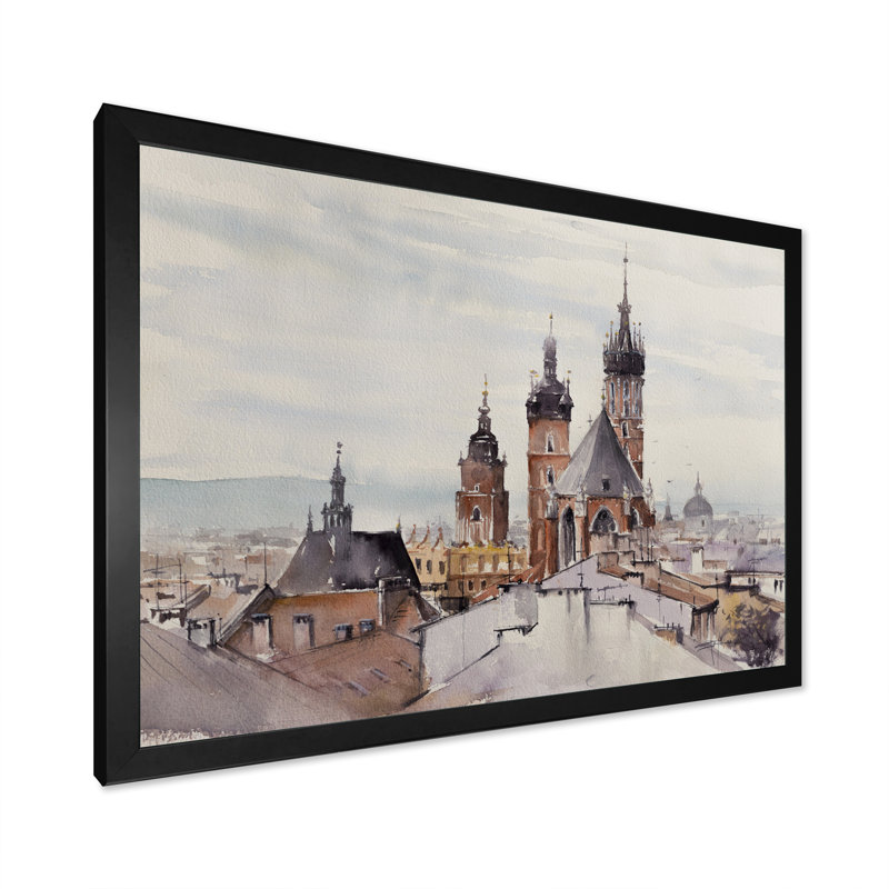 Vieille ville de Cracovie en Pologne - reproduction d'art sur toile, Cadre noir, H 12 po x l 20 po x P 1 po