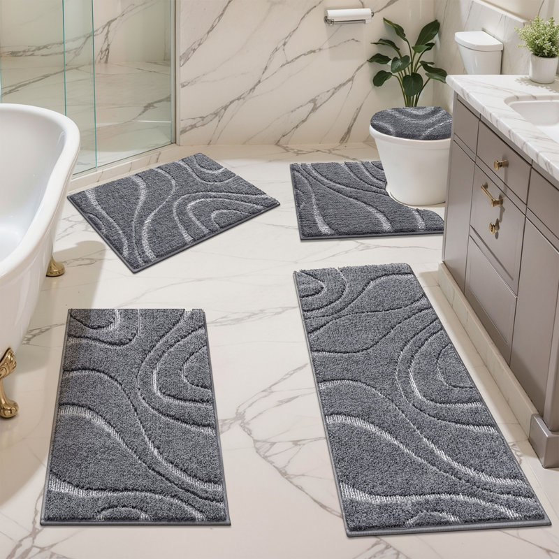 Ensemble de tapis de bain en microfibre 5 pièces avec envers antidérapant, Gris foncé / Blanc