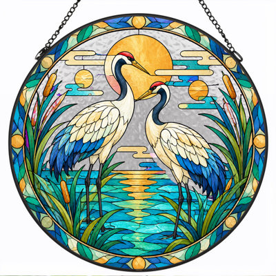 Red Crowned Cranes in Stained Glass Circle Canvas Wall Art