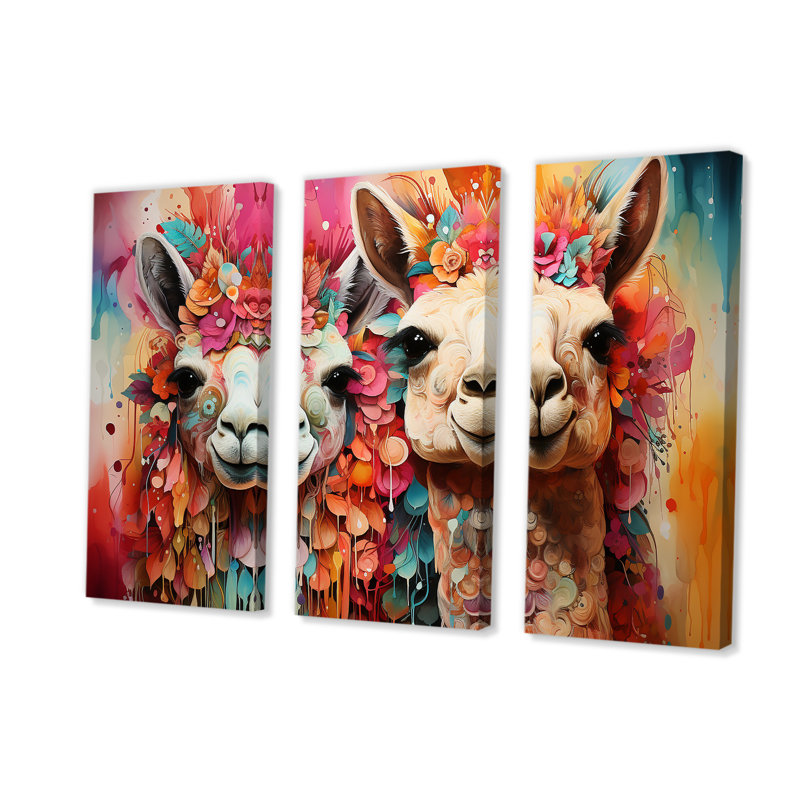 Portrait floral coloré d'alpagas moelleux - Alpaca, art mural, H 28 po x l 36 po