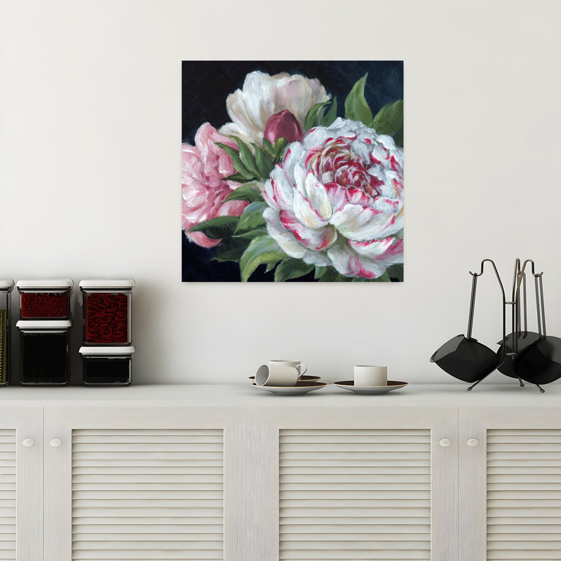 Pe pivoines en pleine floraison I, art mural contemporain abstrait, Noir / Rose, H 18 po x l 18 po