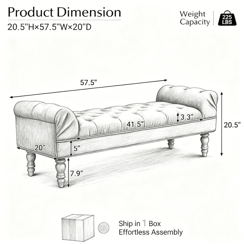 Button-Tufted End of Bed Bench,Large Upholstered Ottoman,Foot Rest with Legs,Footstool with Rolled Arms,Upholstered Fabric Bench,Indoor Bench for Bedroom,Living Room,Entryway