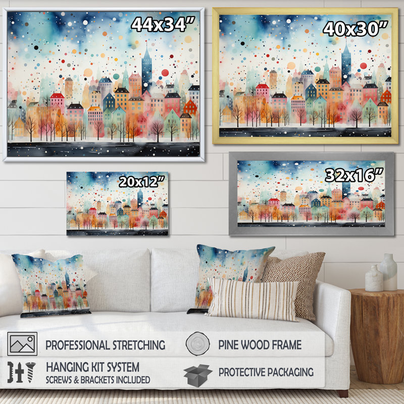 Popart Urban Cityscape II - City, art mural déco, Cadre doré à coins fermés, H 16 po x l 32 po x P 1 po