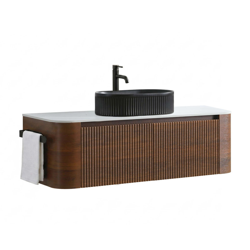 Meuble-lavabo préassemblé avec lavabo et porte-serviettes assorti, lavabo ovale en céramique, Walnut, L 48 po, Black