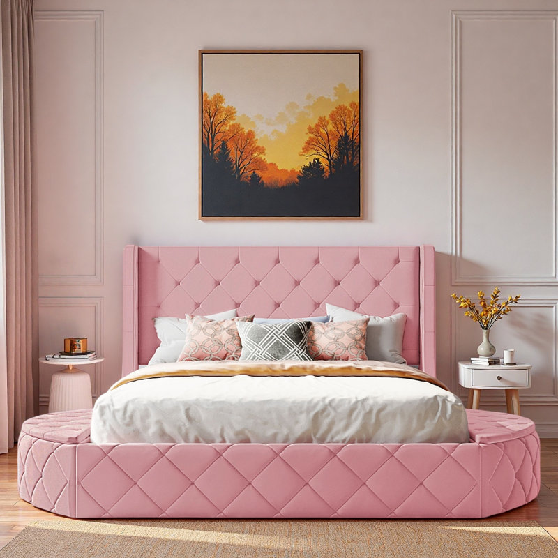 Lit plateforme tapissier avec tête de lit à oreilles, 1 grand tiroir et 2 tabourets de rangement latéraux, Rose