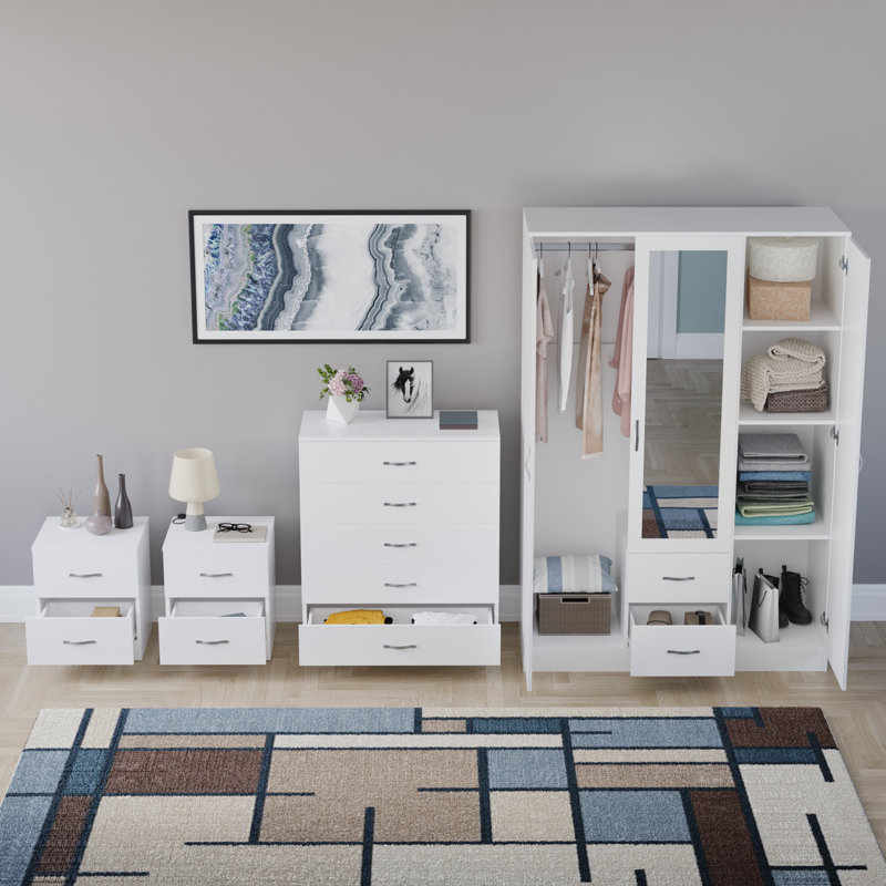 Tayce 4 Piece Bedroom Set (2 Drawer Bedside Chest X2, 5 Drawer Chest, 3 Door 2 Drawer Mirrored Wardrobe), White