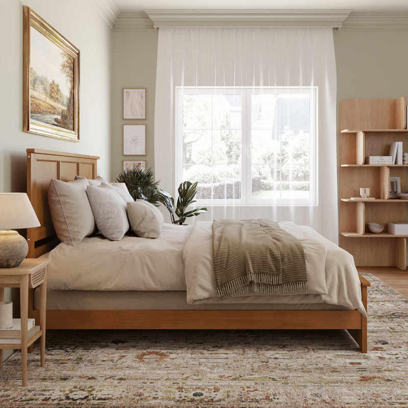 Amear Solid Wood Foundation Bed with Matching Footboard, King, Light Toffee