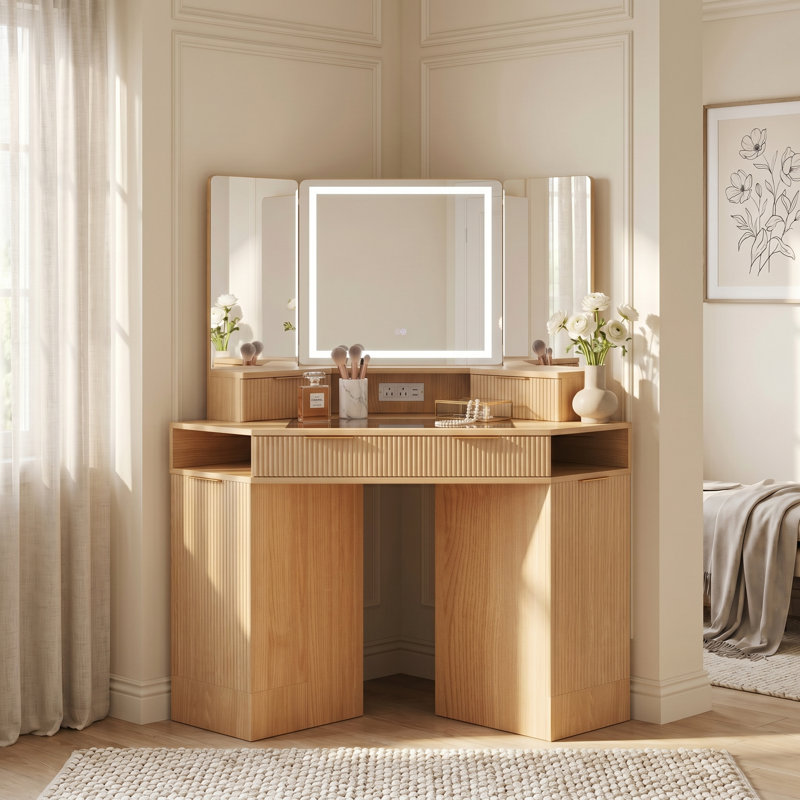 Meuble-lavabo de coin en finition peinte lisse avec miroir intelligent 3 plis, multiprise intégrée, plateau en verre, poignées dorées et grand espace de rangement