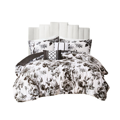 Full Size Floral Print Comforter With Black And White Pattern, Ultra Soft Fabric, 2 Shams, Decorative Pillows, Twin For Xl Bed, All - Over Print, Filling, 1 Sham,