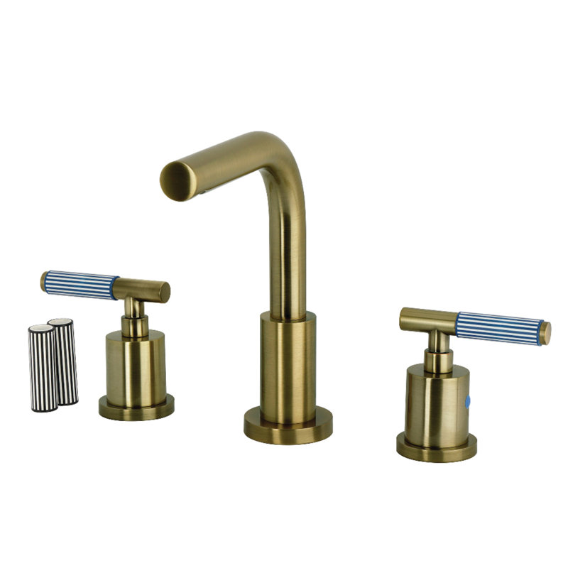 Kingston Brass Synchronous Two-Handle 3-Hole Deck Mount Widespread Bathroom Faucet with Brass Pop-Up Drain, Antique Brass
