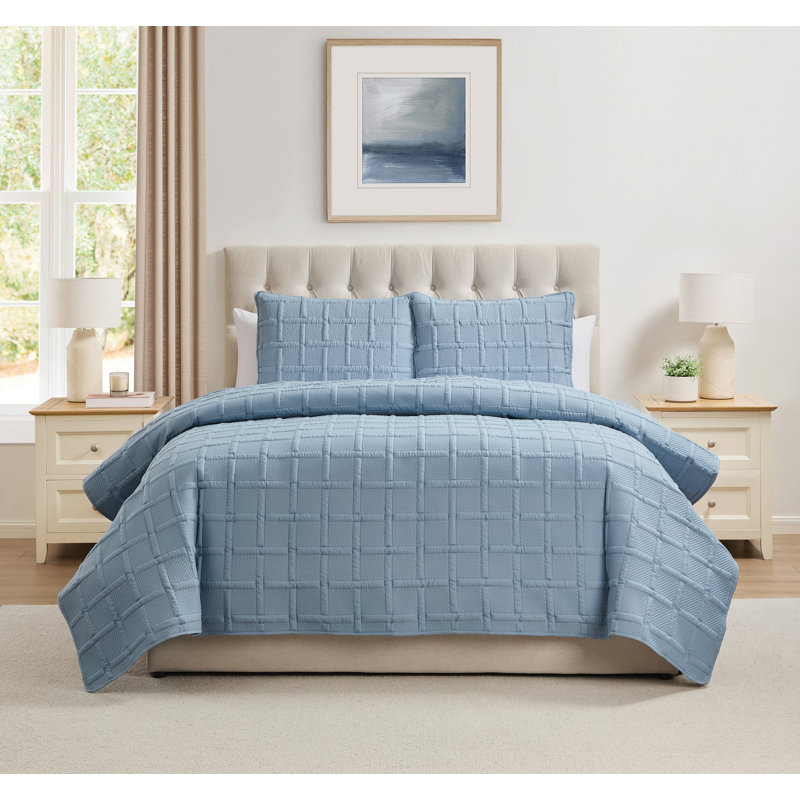 Square 3-Piece Solid Pinsonic Textured Quilt Set, Full / Queen Quilt + 2 Standard Shams, Blue Geometric