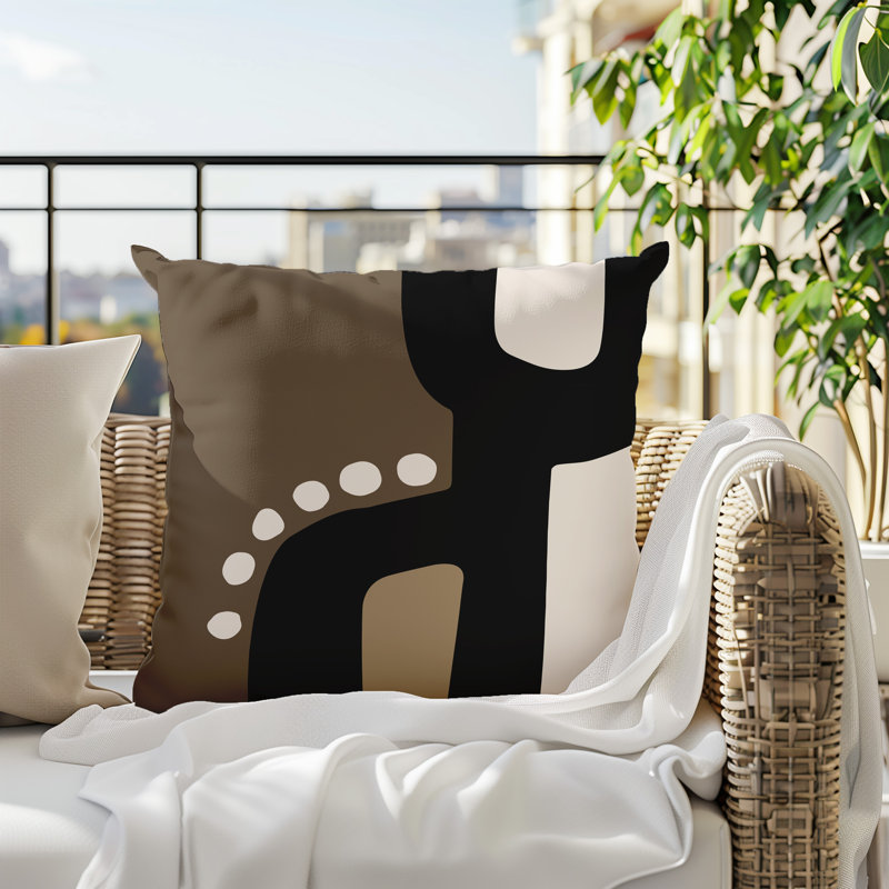 Oreiller carré réversible intérieur / extérieur Tobe Minimalist, H 15 po x l 15 po, Beige/Black/Off-White
