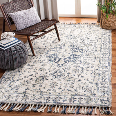 Tapis ivoire / bleu en laine / coton touffeté à la main Arkadijus