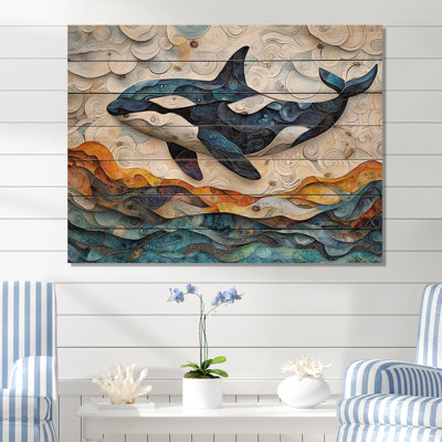 Canadian Whale On Coastal Collage III - Whale Animal Wood Print - On Natural Pine Wood