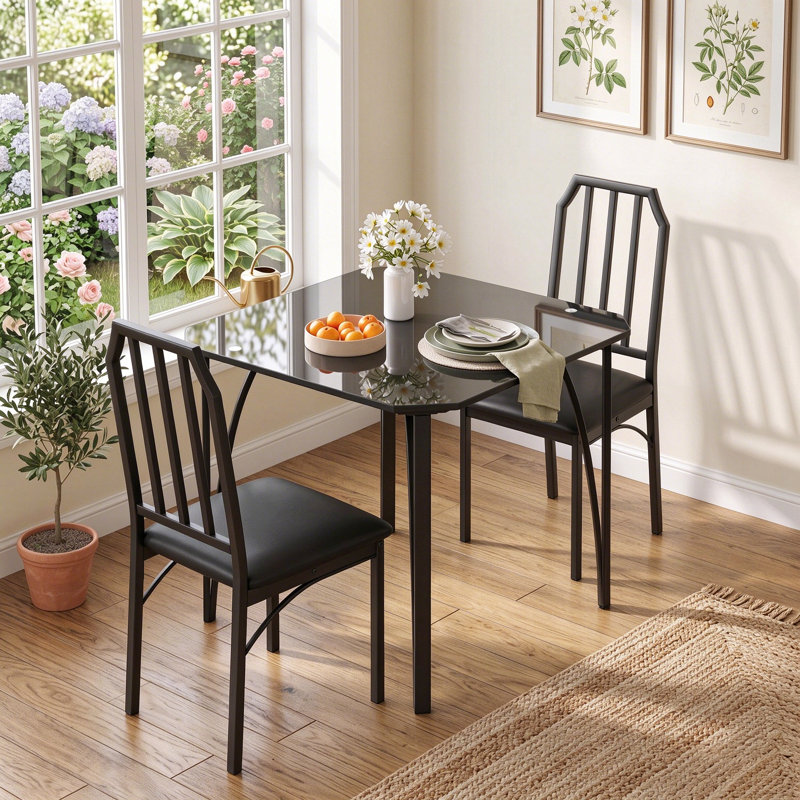 Dining Table Set for 2 with Chairs, Small Kitchen Dining Room Furniture Set, Ultra Comfortable PU Cushion, Sturdy Metal Frame, Space-Saving Design, Black Glass