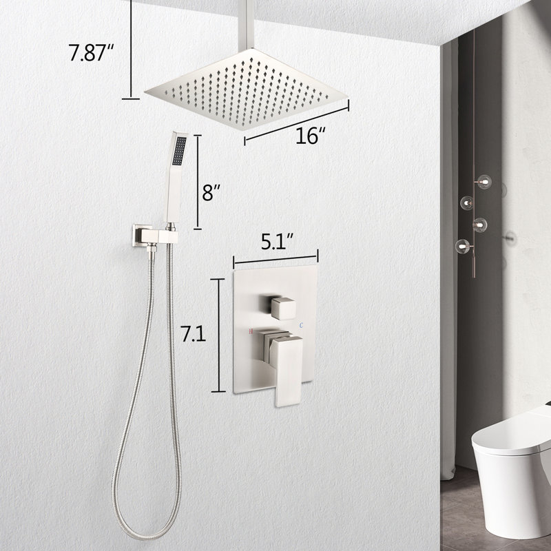 Ceiling Shower System With Handheld And 16" Head - Brushed Nickel, Brass, Natural Rainfall , Self-cleaning Nozzle, Complies American Standard Pipe Specifications & Recreation,
