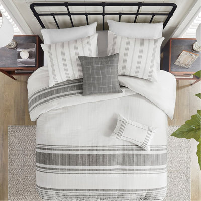Housse de couette en coton 5 pièces - très grand / très grand blanc / rayures tissées grises avec fermeture à glissière Entretien facile sans substances nocives Literie blanche avec accents décoratifs gris Coussins décoratifs horizontaux Lavable en machine