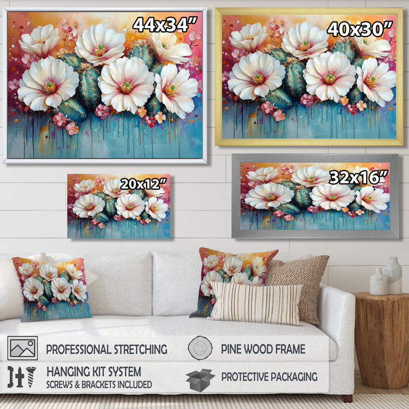 Cactus rose et blanc - Cactus, art mural, Toile tendue sur cadre, H 12 po x l 20 po, Ne s’applique pas