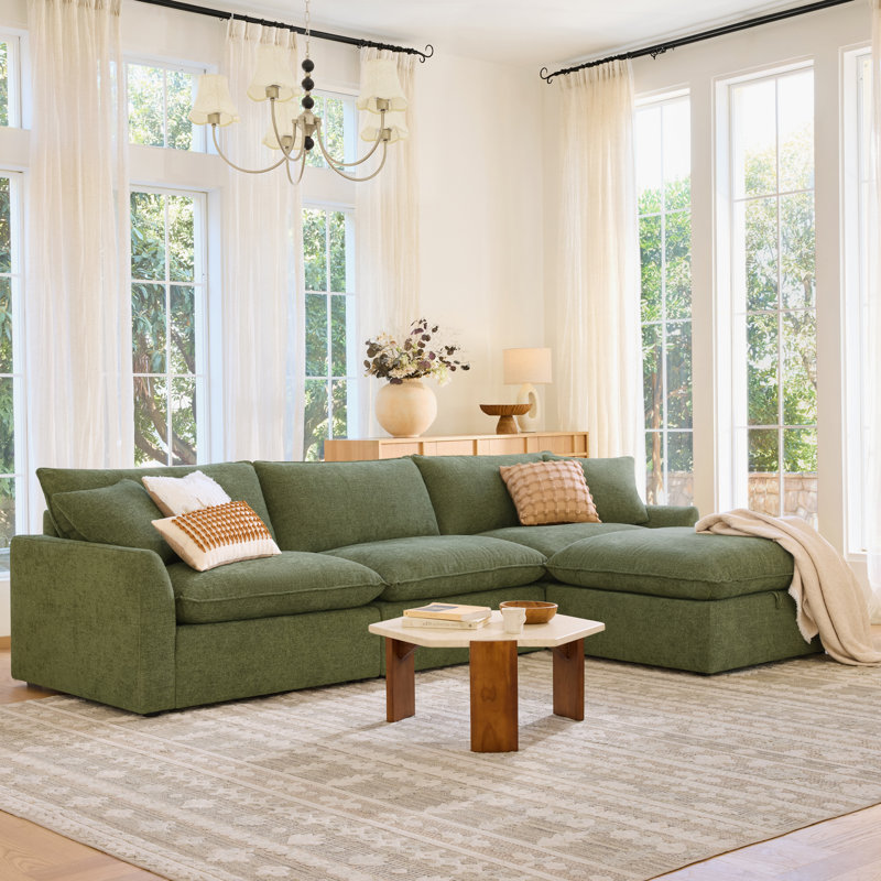 130.7" Modern 4-Piece Upholstered Sectional Sofa with Plush Foam Cushions & Solid Wood Frame, Moss Green Polyester