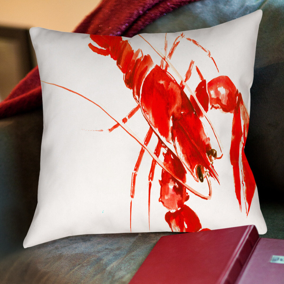 Lobster Red and White Pillow Cover, Throw Pillow Cushion, 14 x 14