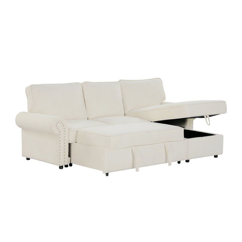 Canapé-lit rembourré de 95 po avec méridienne de rangement et canapé-lit Finkle, Beige