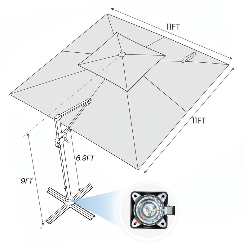  Parasol en porte-à-faux carré sans base lestée 11 x 11 pi Herrell, Gris foncé