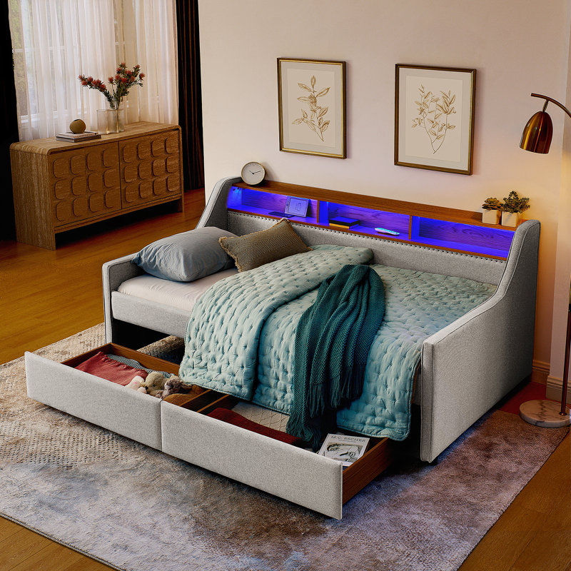Twin Size Upholstery Sofa Bed With Three LED Lights, With Storage Adjustable Headboard, Beige