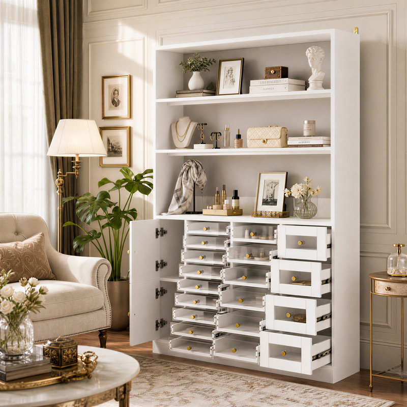 Meuble de rangement pour vernis à ongles et produits de beauté de 182,5 cm de hauteur avec éclairage, tiroirs en acrylique et rangement à 2 portes