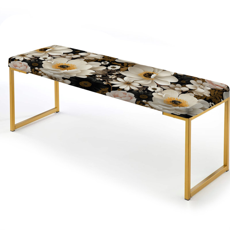 Vintage Classic White Floral Paradise - Floral Upholstered Gold Bench