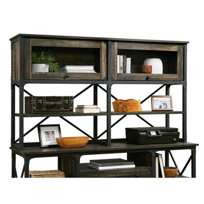 Brun de style industriel pour le bureau, fabrication en bois d'ingénierie, 3 tablettes horizontales réglables, portes en verre trempé encadrées, option de rangement à dos ouvert de style bureau, rangement