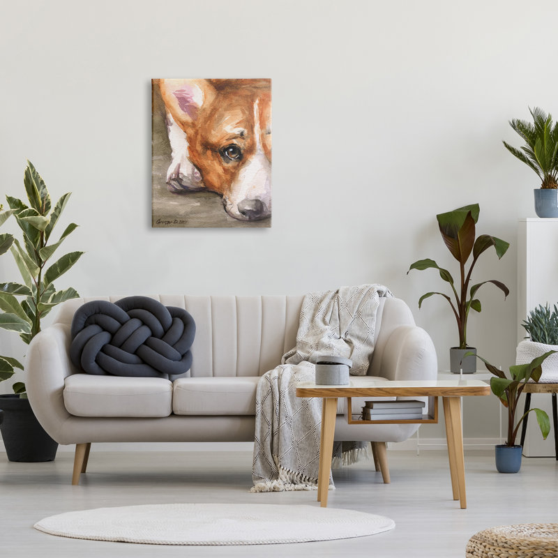 «Pleasant Corgi Puppy Dog Gazing Allongé» par George Dyachenko - Peinture rectangulaire sur toile