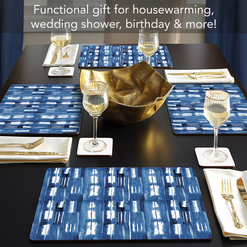 Indigo Blue Geometric Hardboard Placemats with Cork Backing, Set of 4