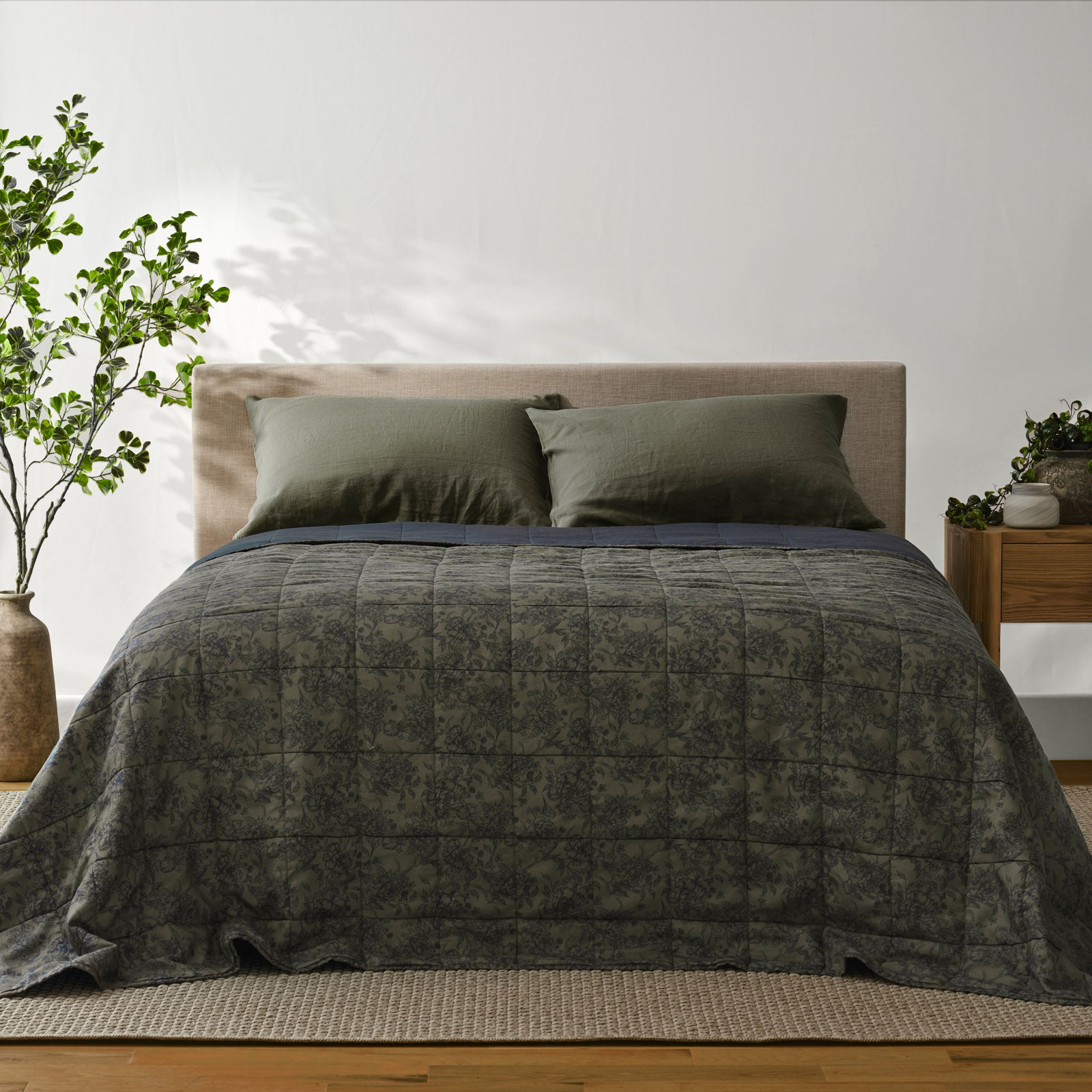 French Linen Quilt Set, Queen Quilt, Moss Floral Toile