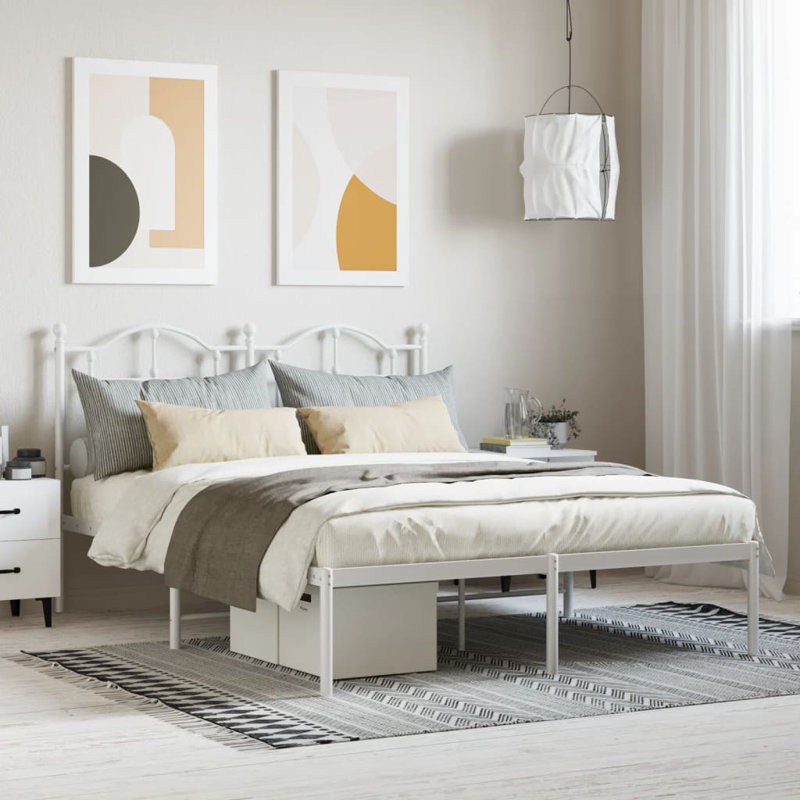 Bralon vidaXL Metal Bed Frame with Headboard & Slats, No Mattress, Easy Assembly, White, Full / Double