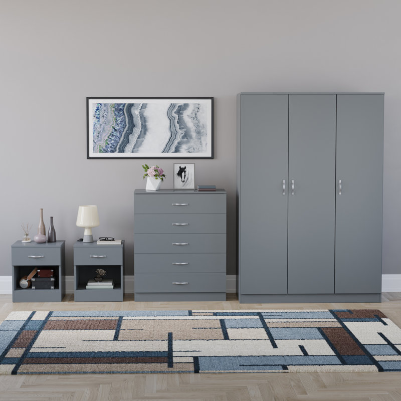 Tayce 4 Piece Bedroom Set (1 Drawer Bedside Chest X2, 5 Drawer Chest, 3 Door Wardrobe), Grey