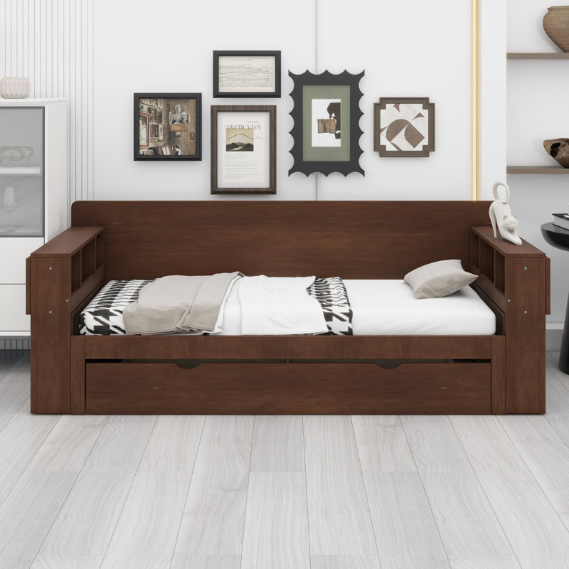 Lit de jour avec bureau amovible, tiroirs de rangement et table d'appoint hydraulique, Grand, Espresso