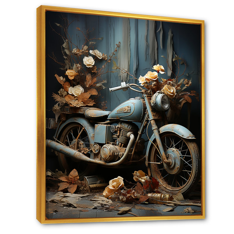 Motocyclette rustique avec fleur d'aventure I, Cadre flottant doré, H 32 po x l 16 po x P 1 po