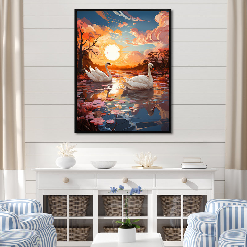 «Graceful Mirage Swans II», reproduction d'art sur toile, Cadre flottant noir, H 32 po x l 16 po