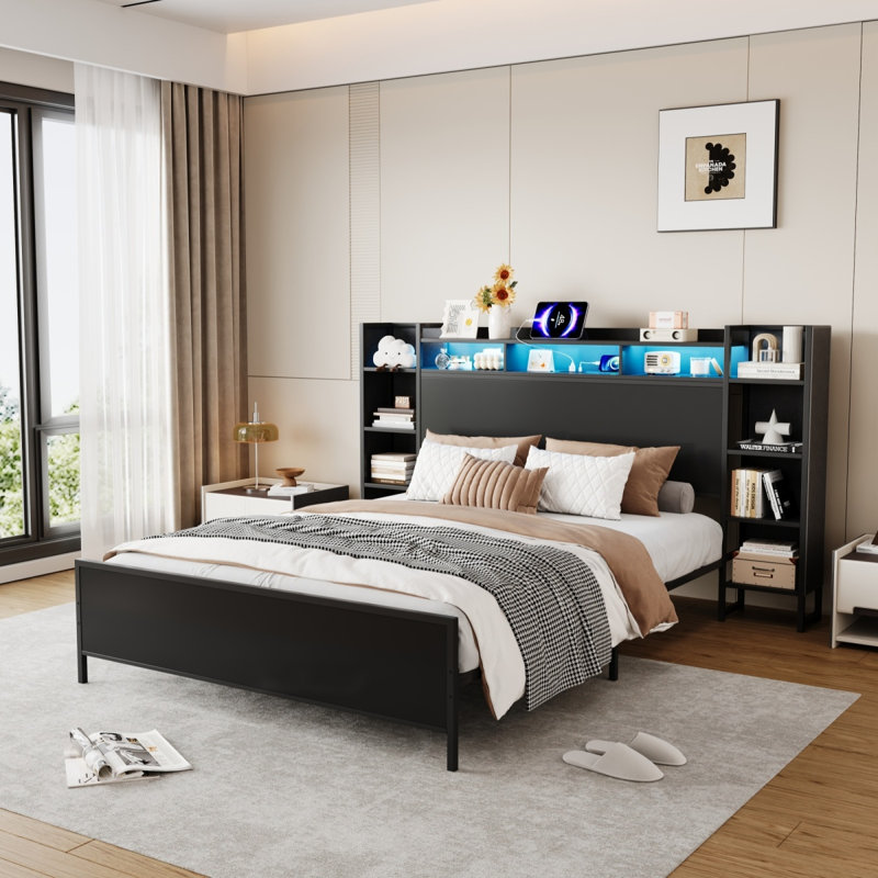 Cadre de lit pour grand lit avec station de charge USB, tête de lit avec rangement et base de lit plateforme en métal robuste à lumière DEL, sans sommier tapissier, noir