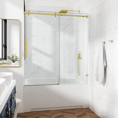 Porte de douche fixe et coulissante 54 po x 76 po, quincaillerie de tube carré, porte de douche en verre transparent, verre trempé de 3/8 po (10 mm), acier inoxydable