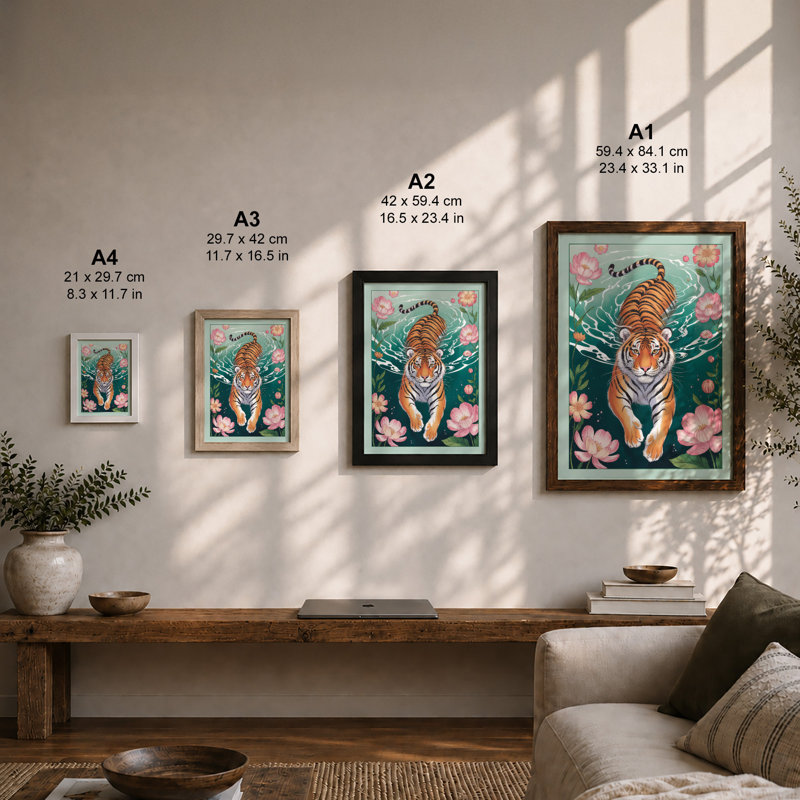 Tiger in Turquoise Waters Boho - Framed Print, A2 - 59.4 x 42.0 cm, Unframed