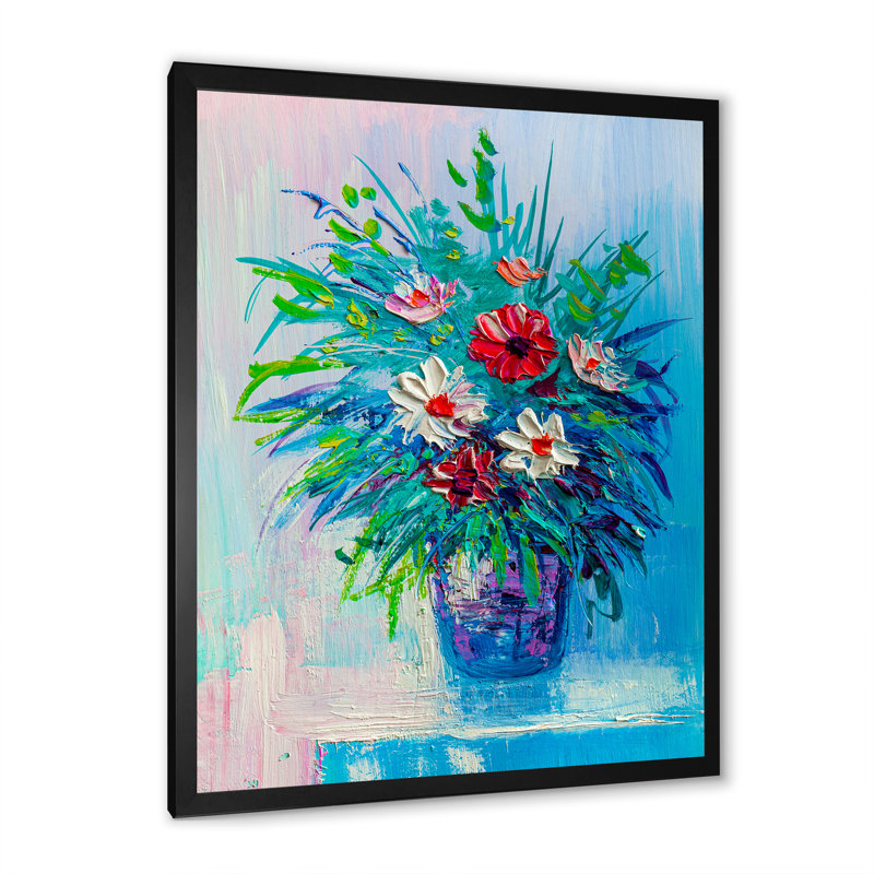 Vase multicolore et vert de fleurs - Décoration murale traditionnelle sur toile, H 20 po x l 12 po x P 1 po, Cadre photo noir