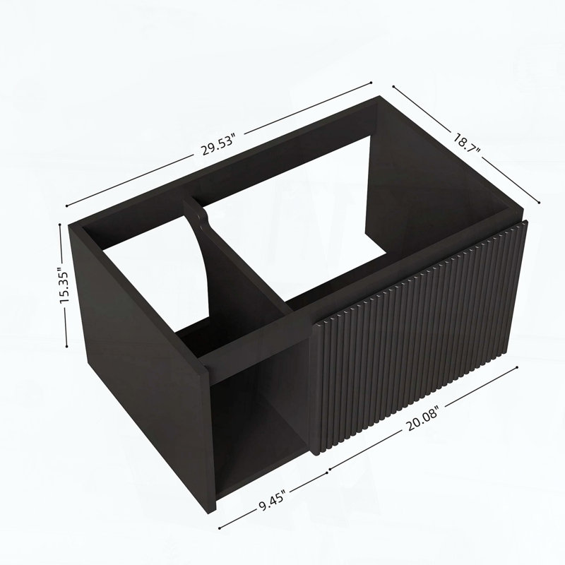 Floating Bathroom Cabinet with Striped Door and Open Shelf, No Basin or Top, 29.53"W Black