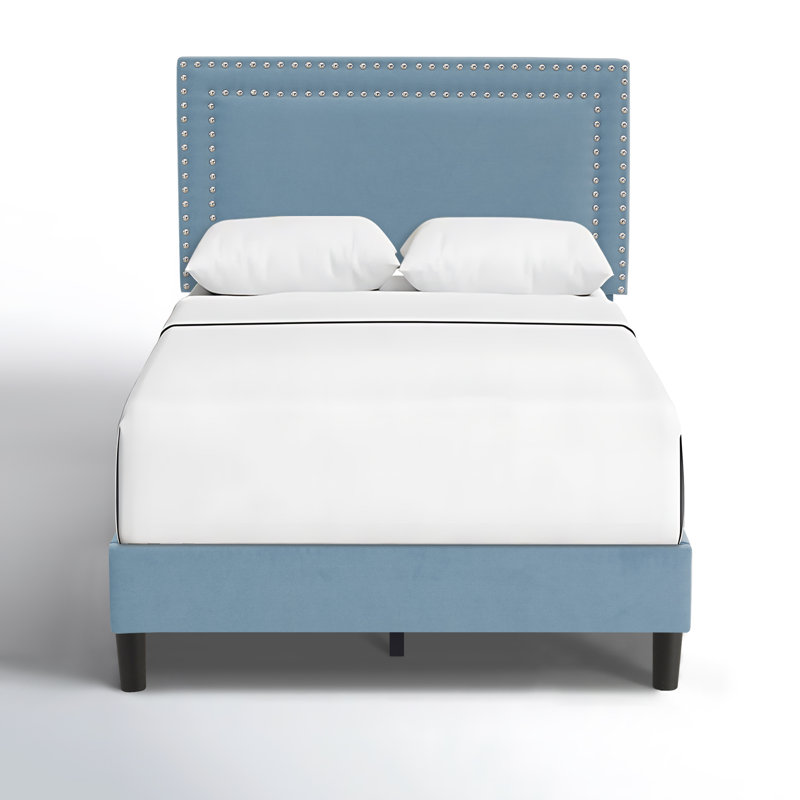 Lit plateforme simple tapissier en velours bleu clair avec tête de lit réglable, cadre de lit moderne avec lattes de bois, aucun sommier tapissier requis