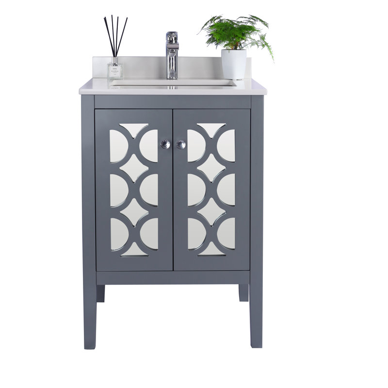 Caballero 24'' Single Bathroom Vanity with Solid Surface Top, Gray, White Quartz
