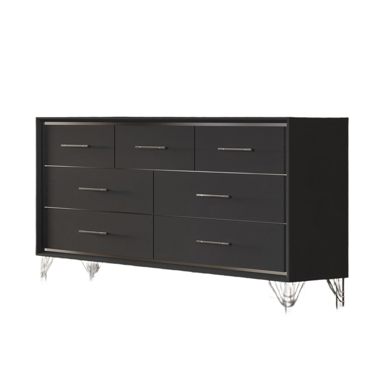 Zoe Wide Dresser, Modern Ebony Black And Silver, 7 Drawers, Chrome