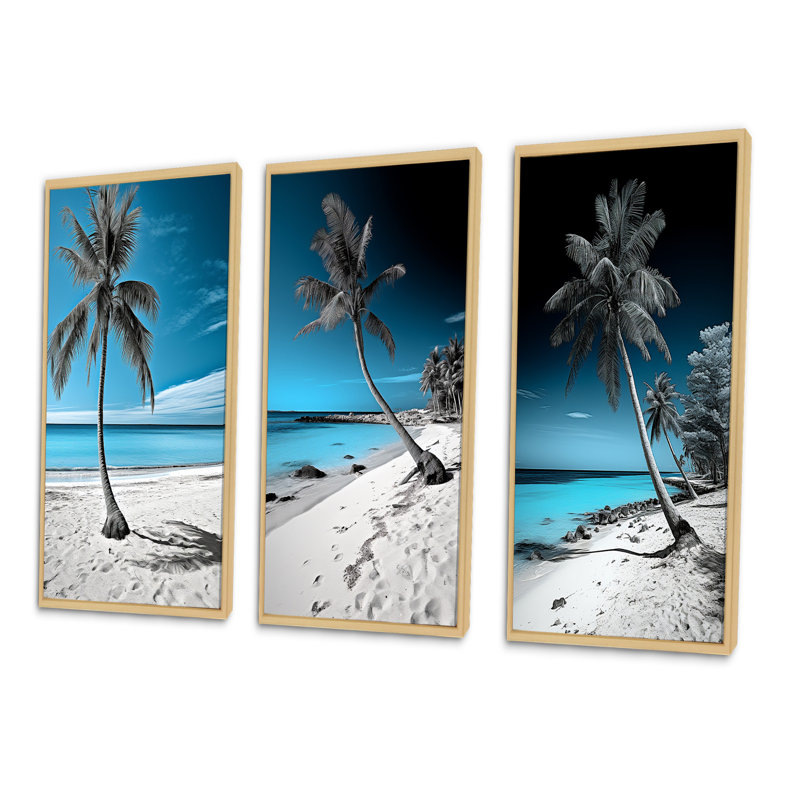 Turquoise et gris, photo de plage Monochome - ensemble d'art nautique et de plage de 3 pièces, Encadré naturel